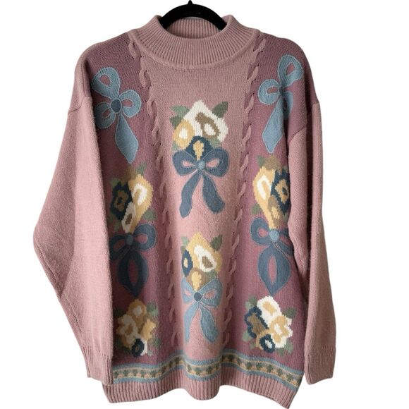 Alfred Dunner Pink Oversized Floral Bouquet Turtleneck Sweater Size Large - Picture 1 of 4